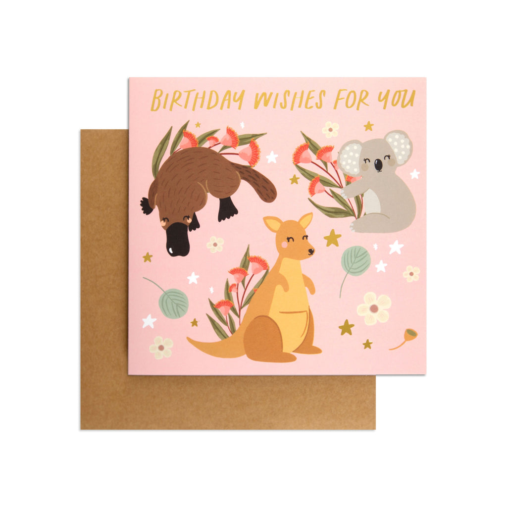 Australian Spirit Bush Buddies Birthday Card  - Koala, Platypus & Kangaroo