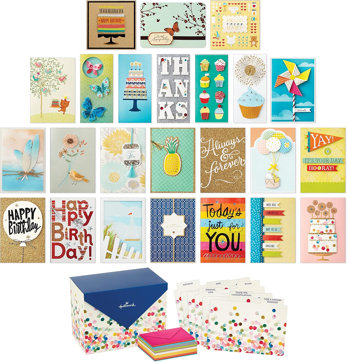 Hallmark All Occasion Handmade Boxed Set of Assorted Greeting Cards with Card Organizer (Pack of 24) Birthday, Baby, Wedding, Sympathy, Thinking of You, Thank You, Blank, Polka Dot Box