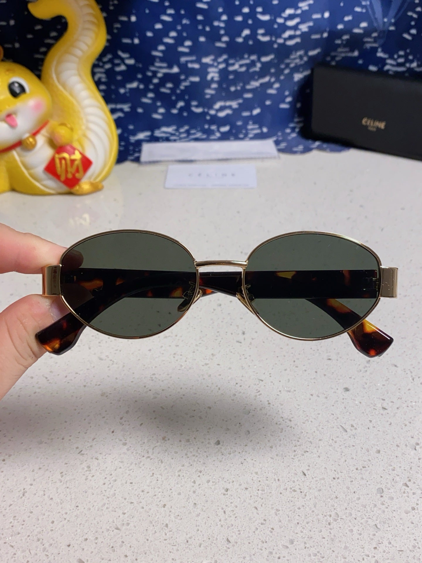 CELINE TRIOMPHE SUNGLASS 538531 IN HAVANA ACETATE BLACK LENSES